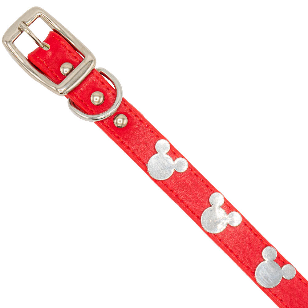 Vegan Leather Dog Collar - Disney Red PU w Silver Cast Mickey Mouse Head Icon Embellishments and Charm