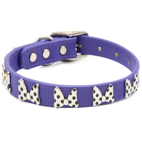 Vegan Leather Dog Collar - Disney Purple PU w Silver Cast Minnie Mouse Bow Embellishments and Charm