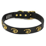 Vegan Leather Dog Collar - Disney Black PU w Gold Cast Signature D Logo Embellishments