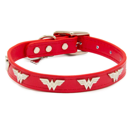 Vegan Leather Dog Collar - Wonder Woman Red with WW Icon Embellishments & Metal Charm