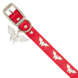 Vegan Leather Dog Collar - Wonder Woman Red with WW Icon Embellishments & Metal Charm