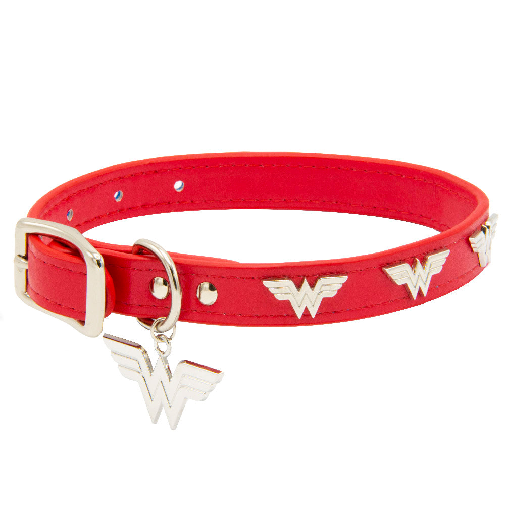 Vegan Leather Dog Collar - Wonder Woman Red with WW Icon Embellishments & Metal Charm