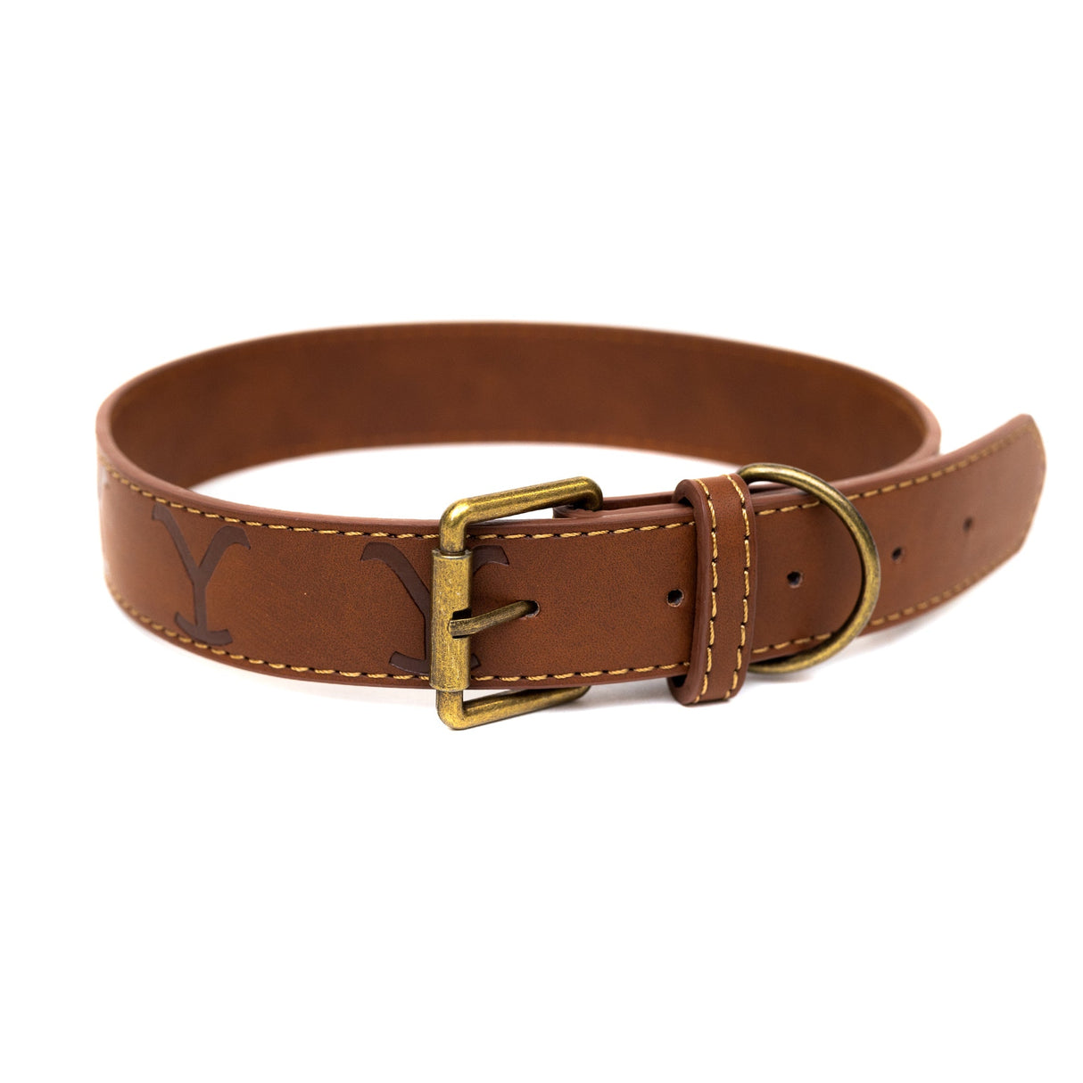 Vegan Leather Dog Collar - Yellowstone Dutton Ranch Logo Debossed Brown PU Leather