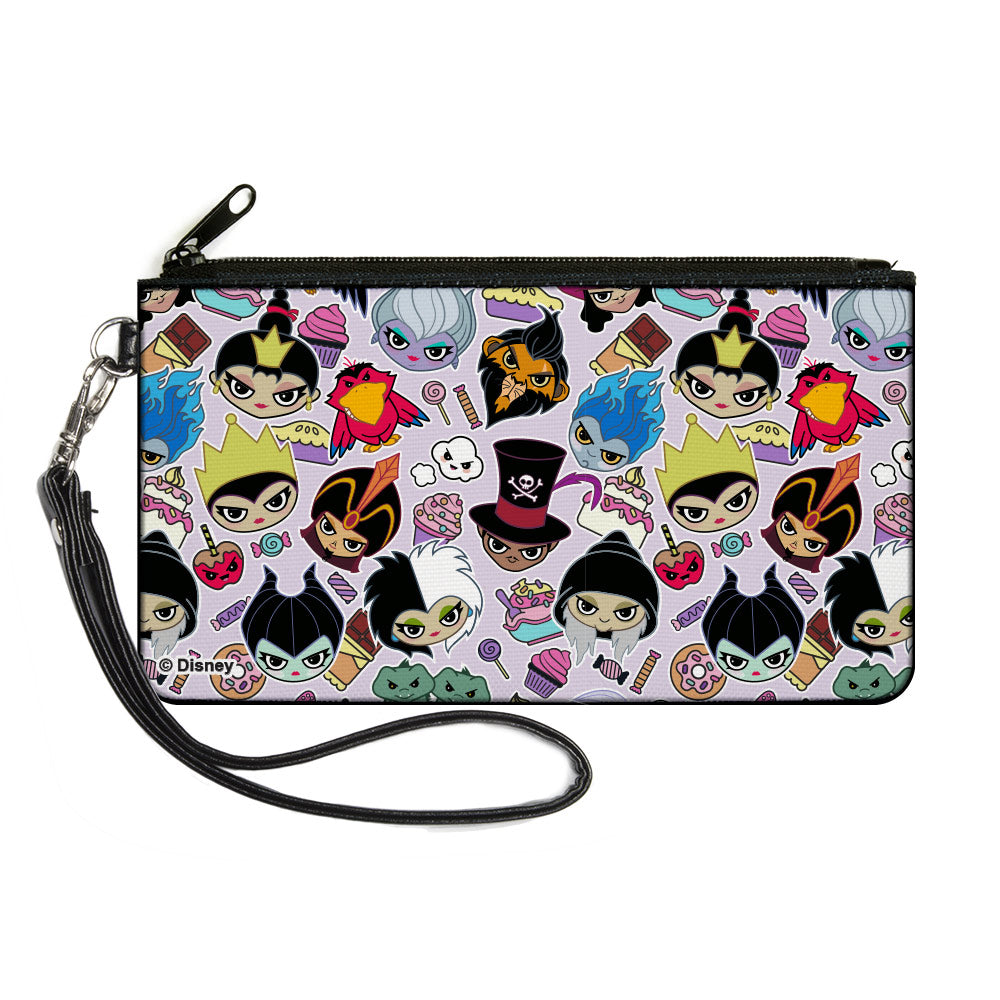 Canvas Zipper Wallet - LARGE - Disney Sweet Chibi Villain Faces and Icons Collage Lavender