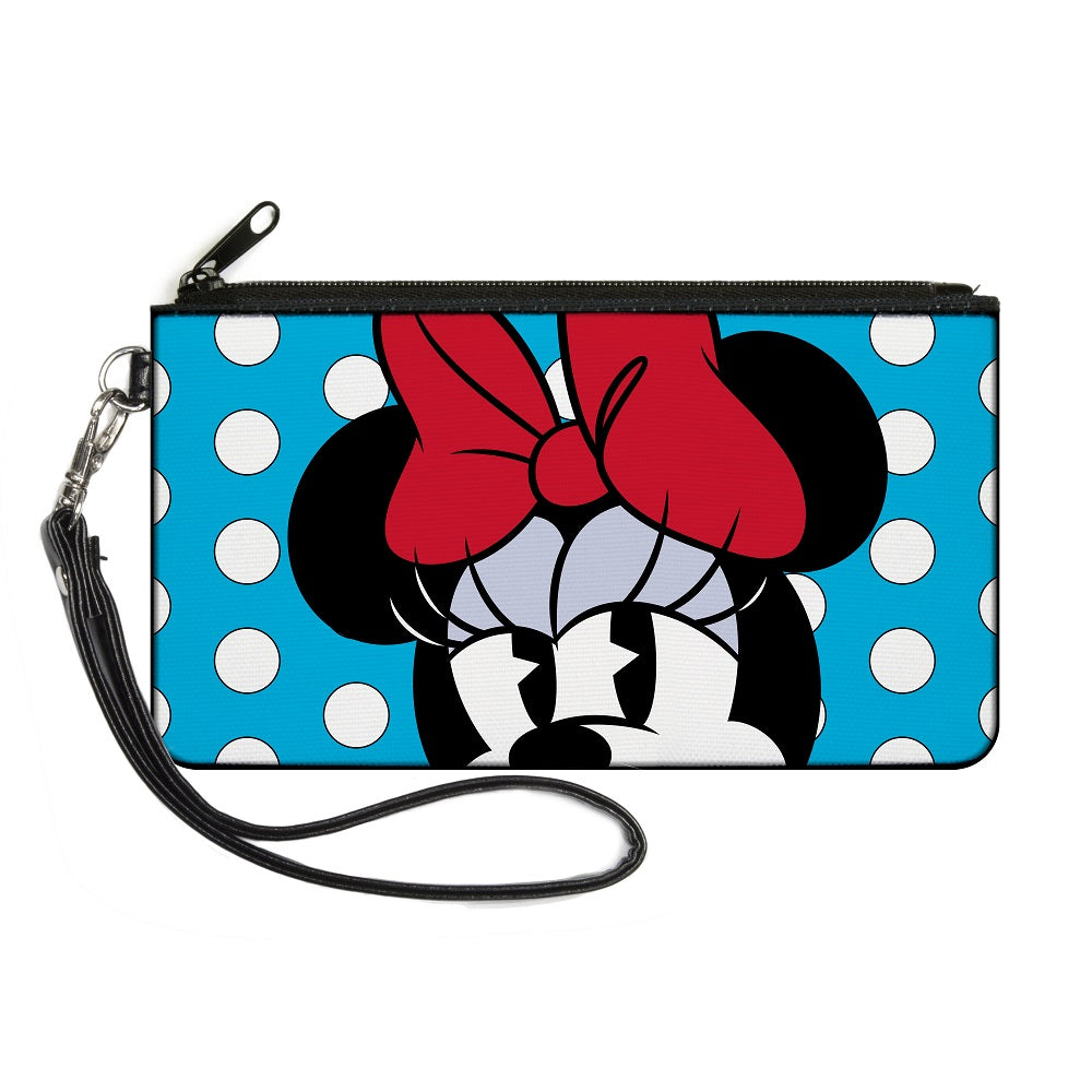 Canvas Zipper Wallet - SMALL - Minnie Style Face CLOSE-UP Dots Blue/White