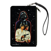 Canvas Zipper Wallet - LARGE - Star Wars Vintage Darth Vader, Luke Skywalker and Princess Leia Pose with Stars Black/White