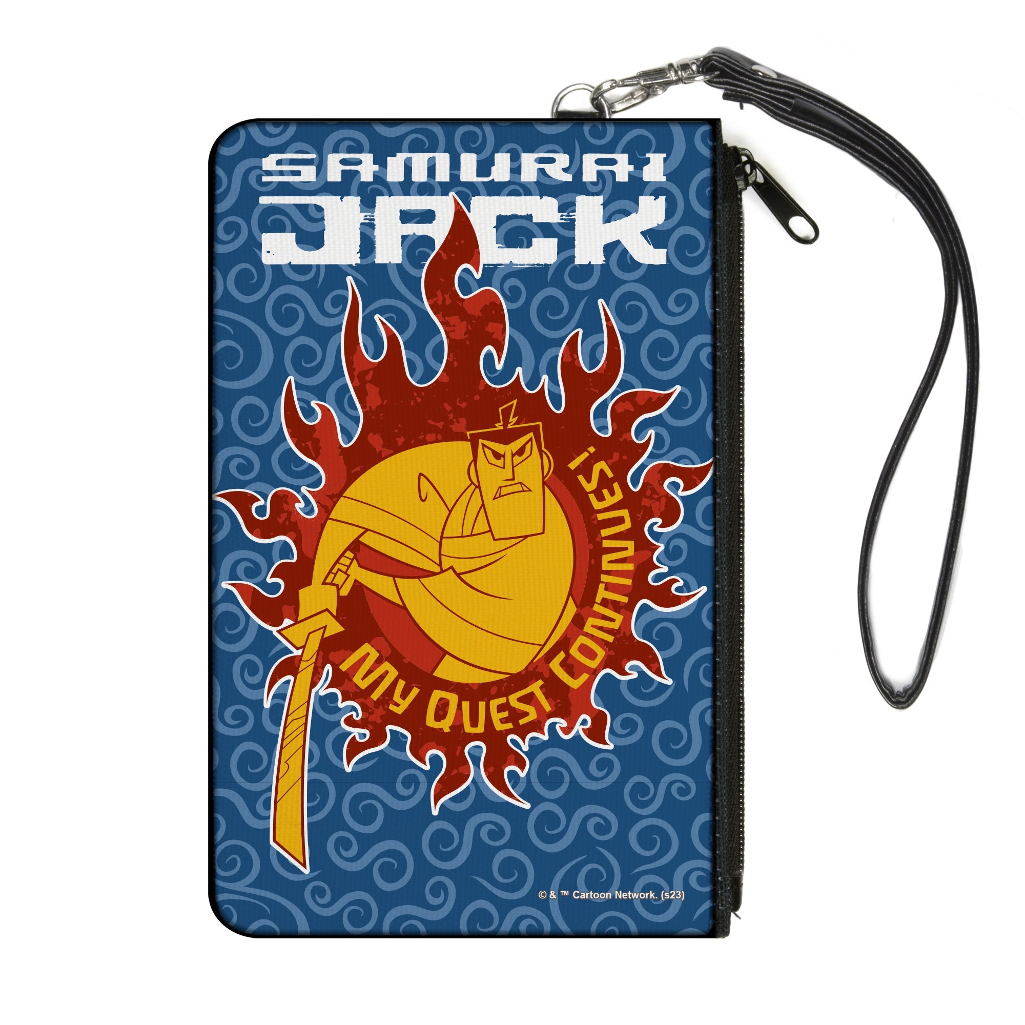 Canvas Zipper Wallet - LARGE - SAMURAI JACK MY QUEST CONTINUES Katana Pose Swirl Blues