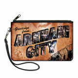 Canvas Zipper Wallet - SMALL - GREETINGS FROM ARKHAM CITY Postcard Tans/City Scenes