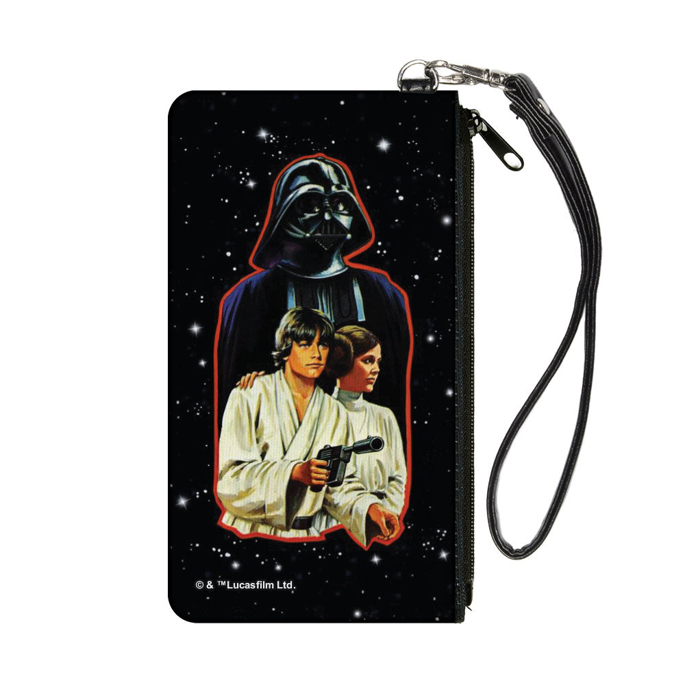 Canvas Zipper Wallet - SMALL - Star Wars Vintage Darth Vader, Luke Skywalker and Princess Leia Pose with Stars Black/White