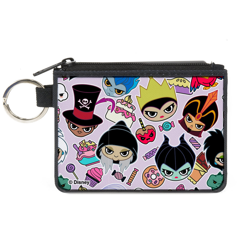 Canvas Zipper Wallet - MINI X-SMALL - Disney Sweet Chibi Villain Faces and Icons Collage Lavender