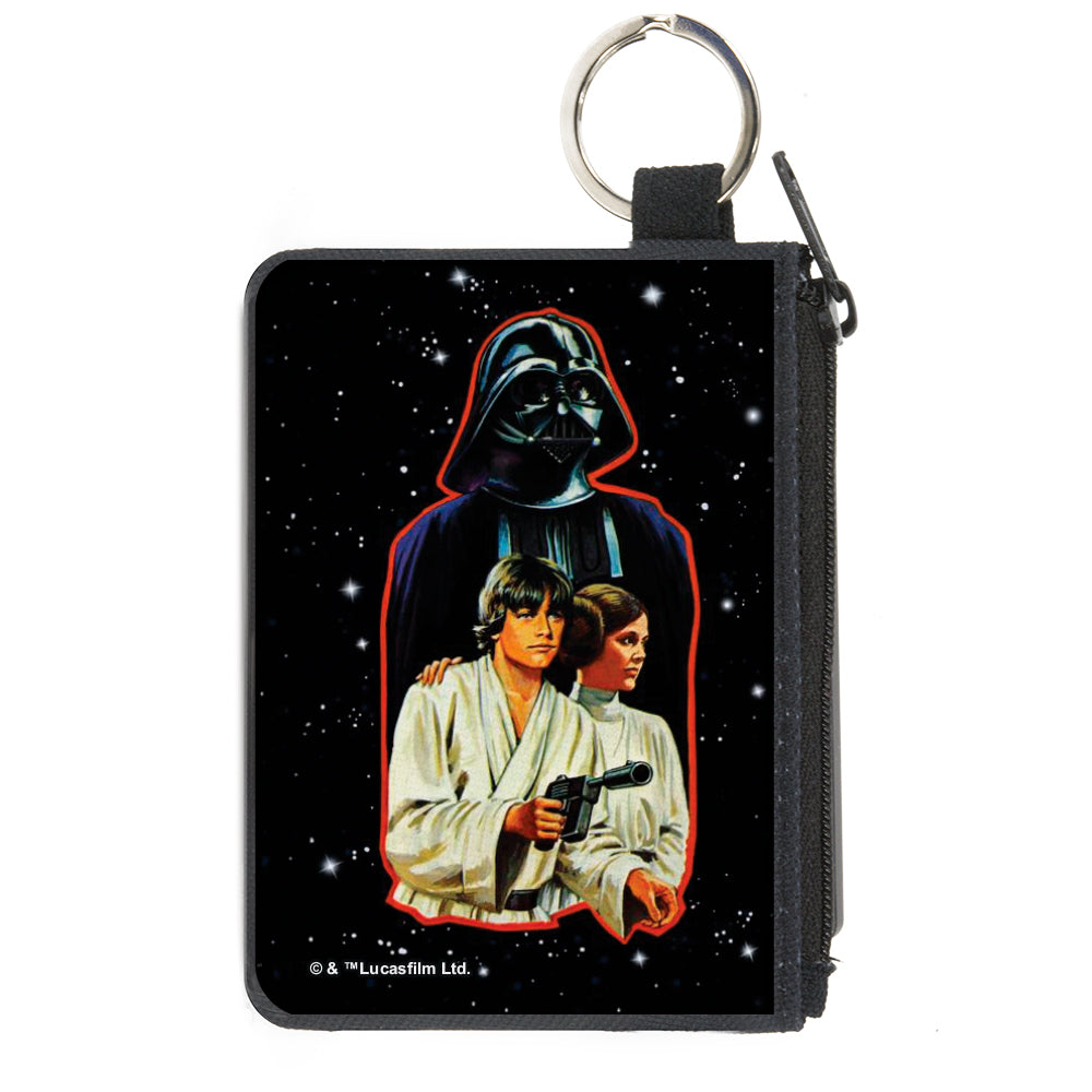 Canvas Zipper Wallet - MINI X-SMALL - Star Wars Vintage Darth Vader, Luke Skywalker and Princess Leia Pose with Stars Black/White