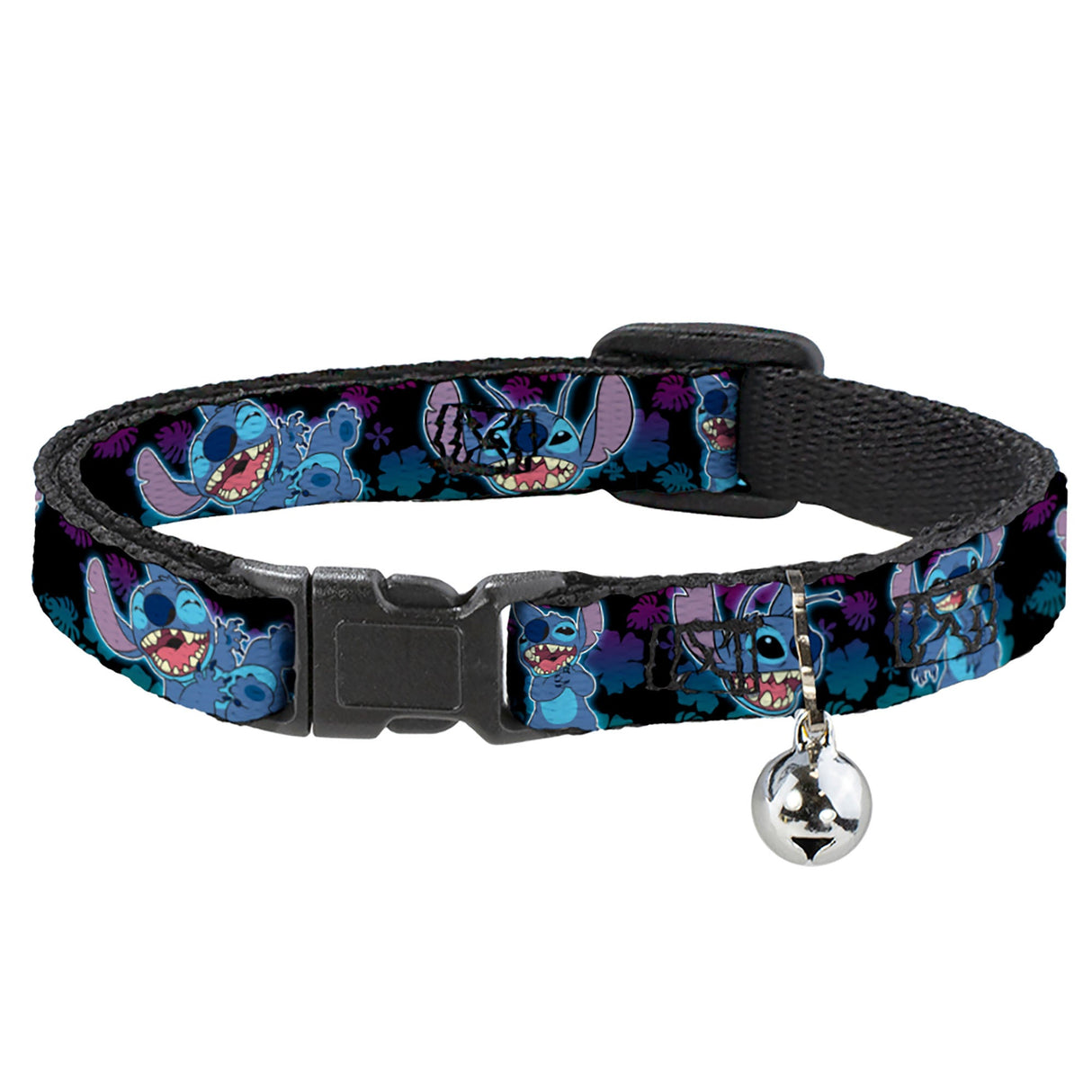 Breakaway Cat Collar with Bell - Stitch 2-Expressions/2-Poses Tropical Flora Black/Purple-Blue Fade