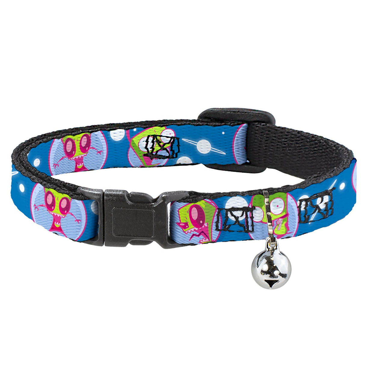 Breakaway Cat Collar with Bell - Invader Zim and GIR Poses and Planets Blue/White