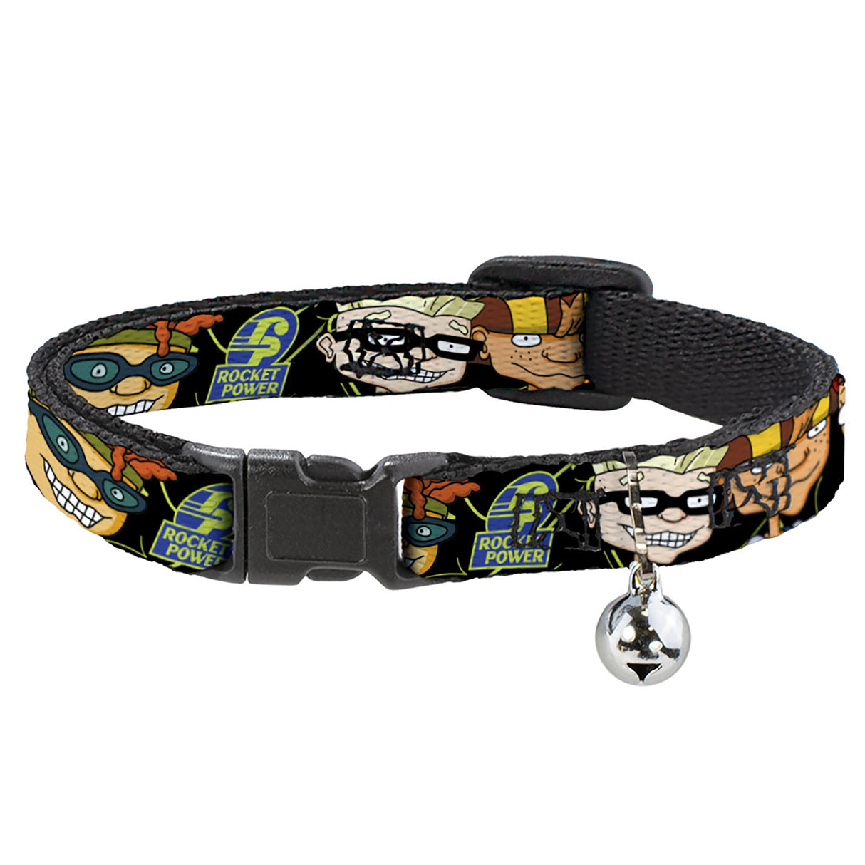 Breakaway Cat Collar with Bell - ROCKET POWER RP Logo/4-Character Faces CLOSE-UP Black/Green/Blue