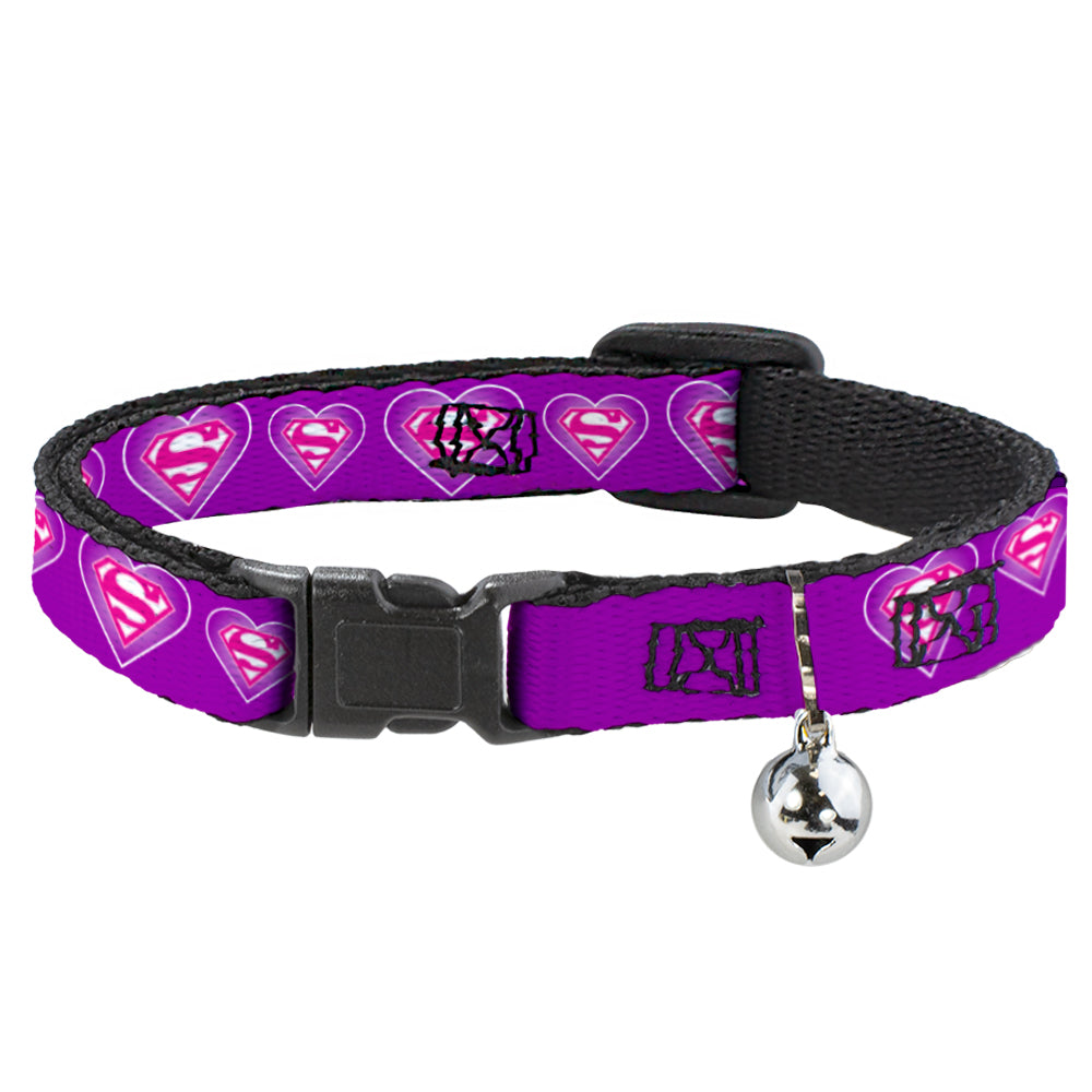 Breakaway Cat Collar with Bell - Superman Logo in Heart Purple/White/Pink