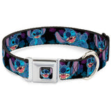 Stitch Smiling CLOSE-UP Full Color Seatbelt Buckle Collar - Stitch 2-Expressions/2-Poses Tropical Flora Black/Purple-Blue Fade