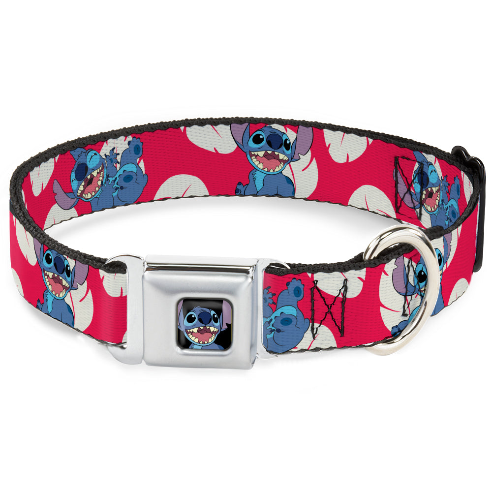 Stitch Smiling Full Color CLOSE-UP Seatbelt Buckle Collar - Lilo & Stitch Stitch 4-Poses/Lilo Dress Leaves Red/Ivory