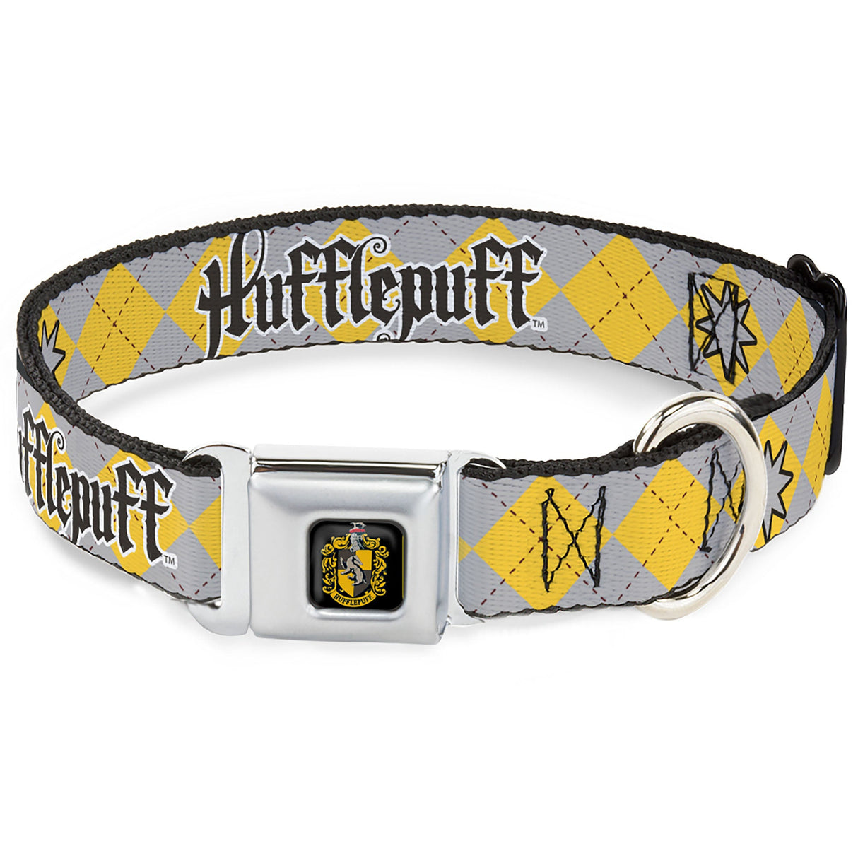 Hufflepuff Crest Full Color Seatbelt Buckle Collar - Harry Potter HUFFLEPUFF/Stars Argyle Plaid Gray/Gold/Browns