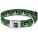 THE POWERPUFF GIRLS Animated Series Title Logo Full Color Black Seatbelt Buckle Collar - The Powerpuff Girls Buttercup Face Close-Up Green