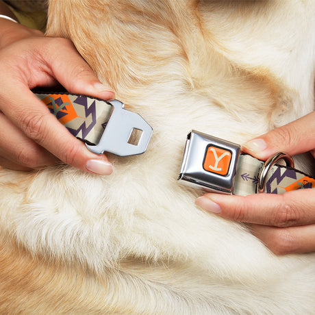 Yellowstone Y Logo Weathered Full Color Orange/Beige Seatbelt Buckle Collar - Yellowstone Y Logo Native American Tribal Tans/Blue/Orange