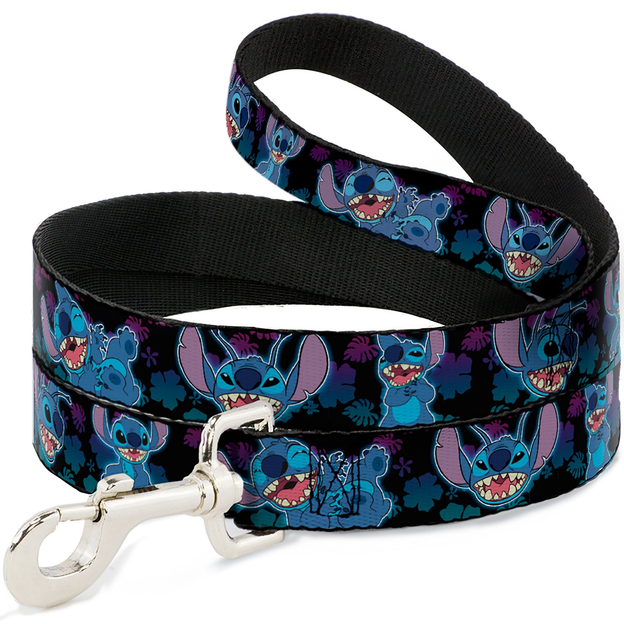 Dog Leash - Stitch 2-Expressions/2-Poses Tropical Flora Black/Purple-Blue Fade