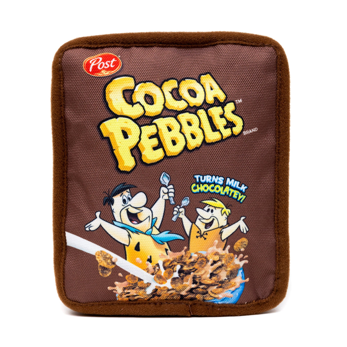 Dog Toy Squeaker Plush - Cocoa Pebbles Fred Flintstone and Barney Rubble Cereal Box Replica