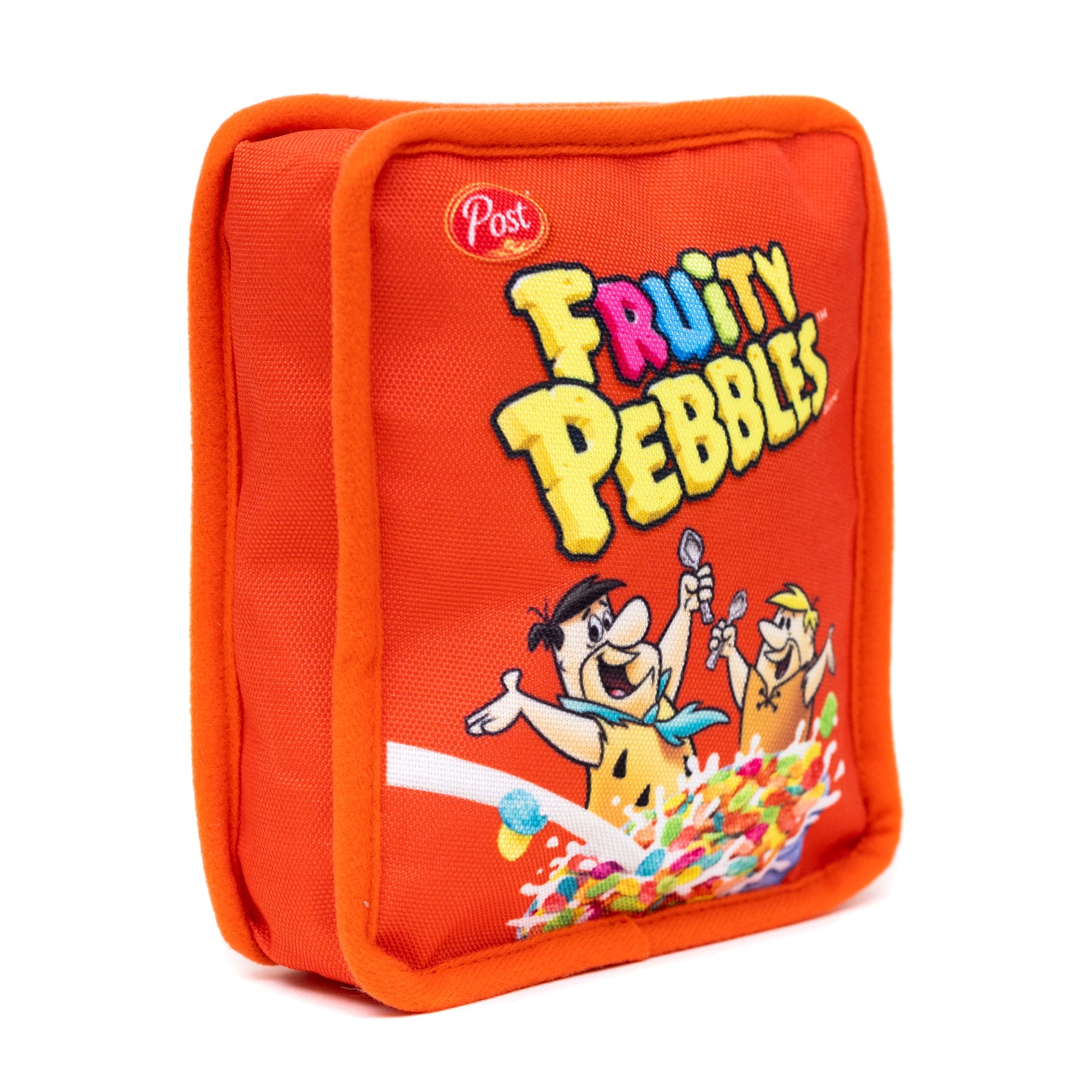 Dog Toy Squeaker Plush - Fruity Pebbles Fred Flintstone and Barney Rubble Cereal Box Replica Red