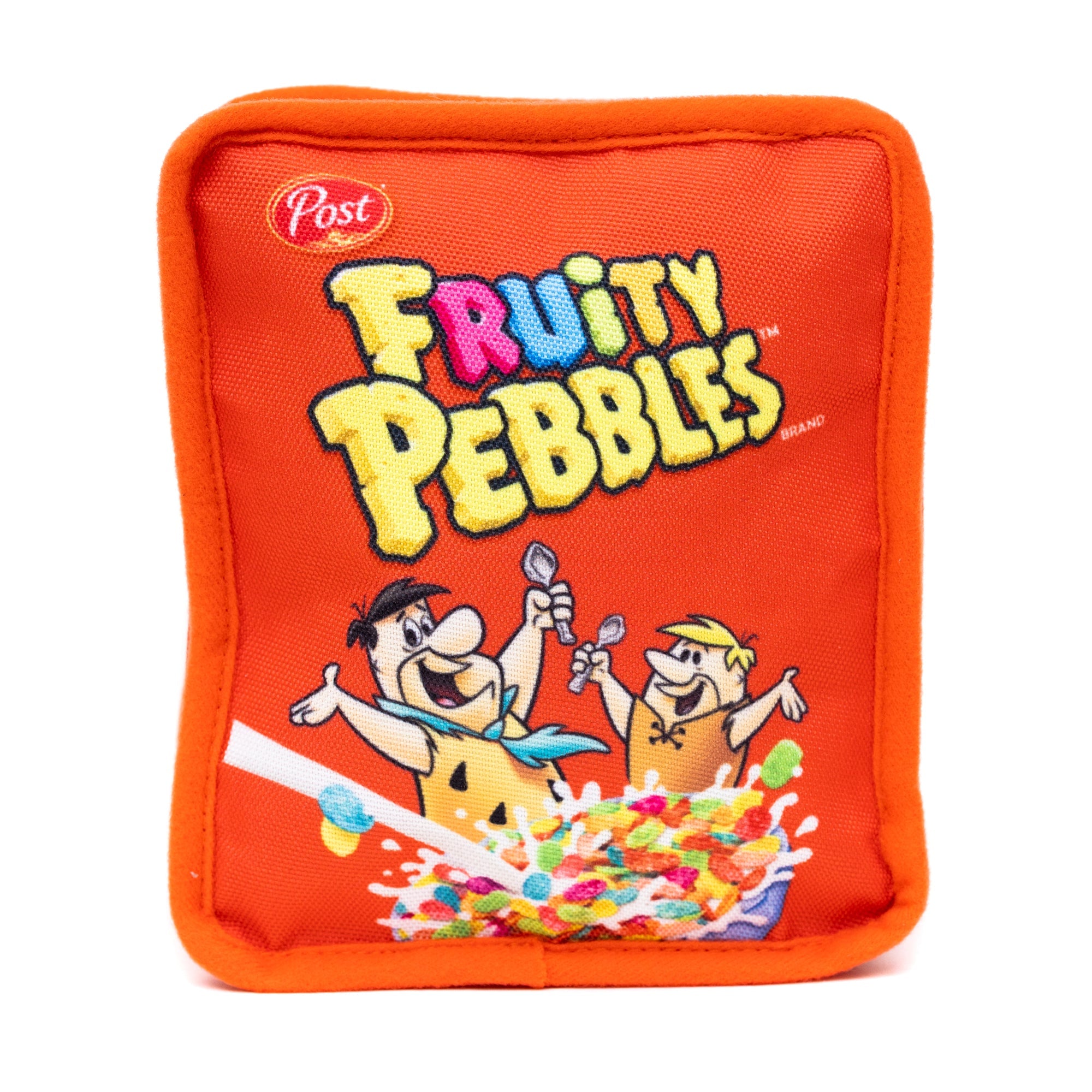 Dog Toy Squeaker Plush - Fruity Pebbles Fred Flintstone and Barney Rubble Cereal Box Replica Red