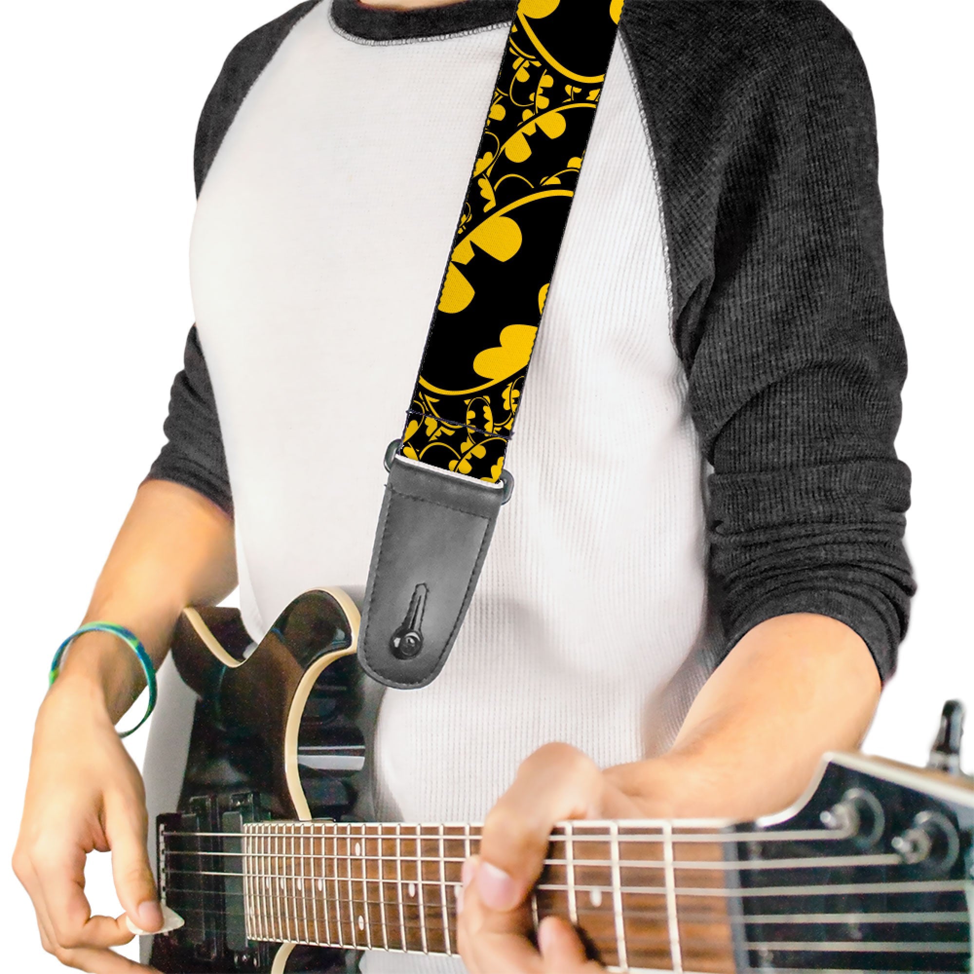 Guitar Strap - Bat Signals Stacked w/CLOSE-UP Yellow/Black