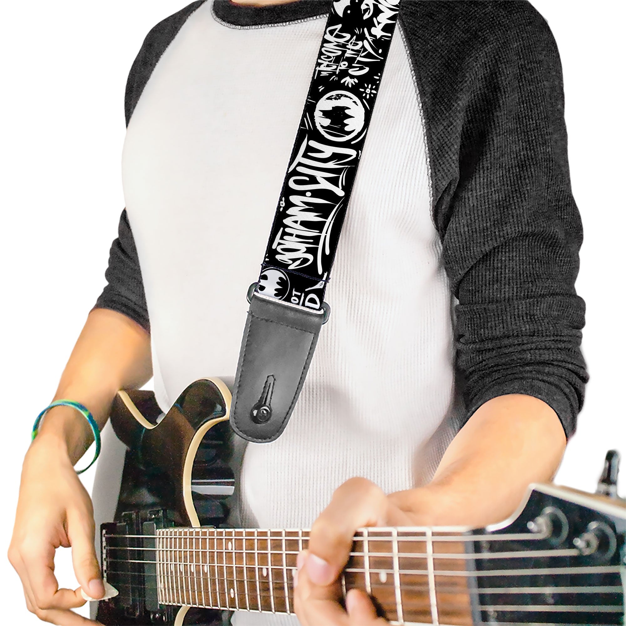 Guitar Strap - Batman Gotham City Graffiti Collage Black/White