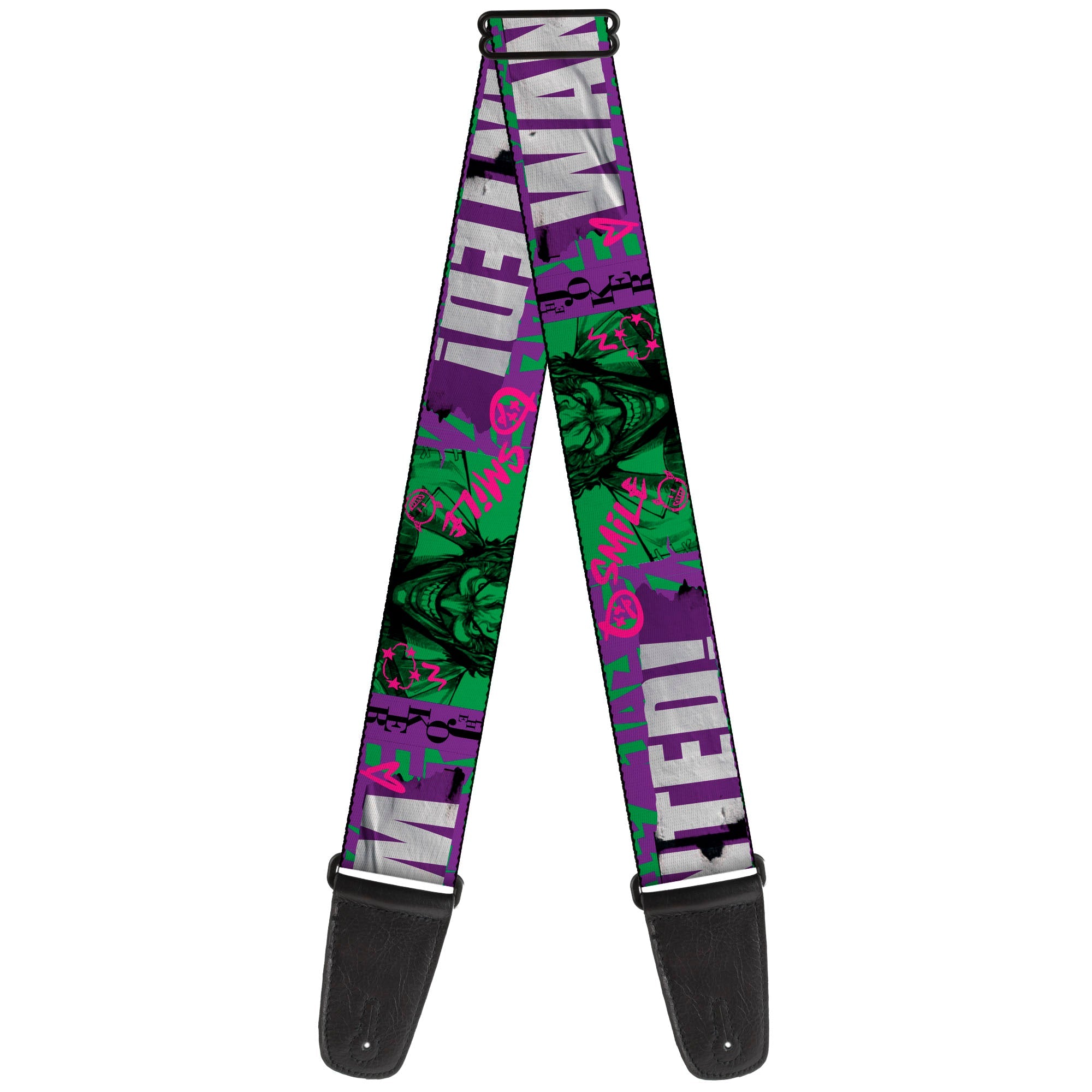 Guitar Strap - THE JOKER WANTED Smiling Pose and Graffiti Purples/Greens