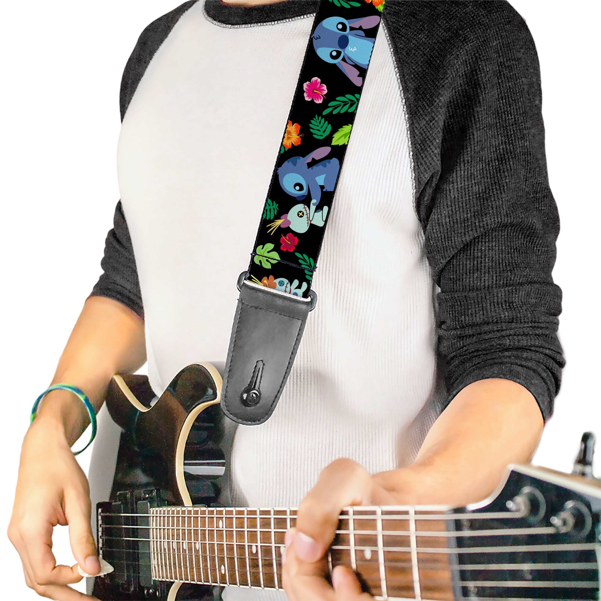 Guitar Strap - Lilo & Stitch OHANA MEANS FAMILY/Stitch & Scrump Poses/Tropical Flora Black/White/Multi Color