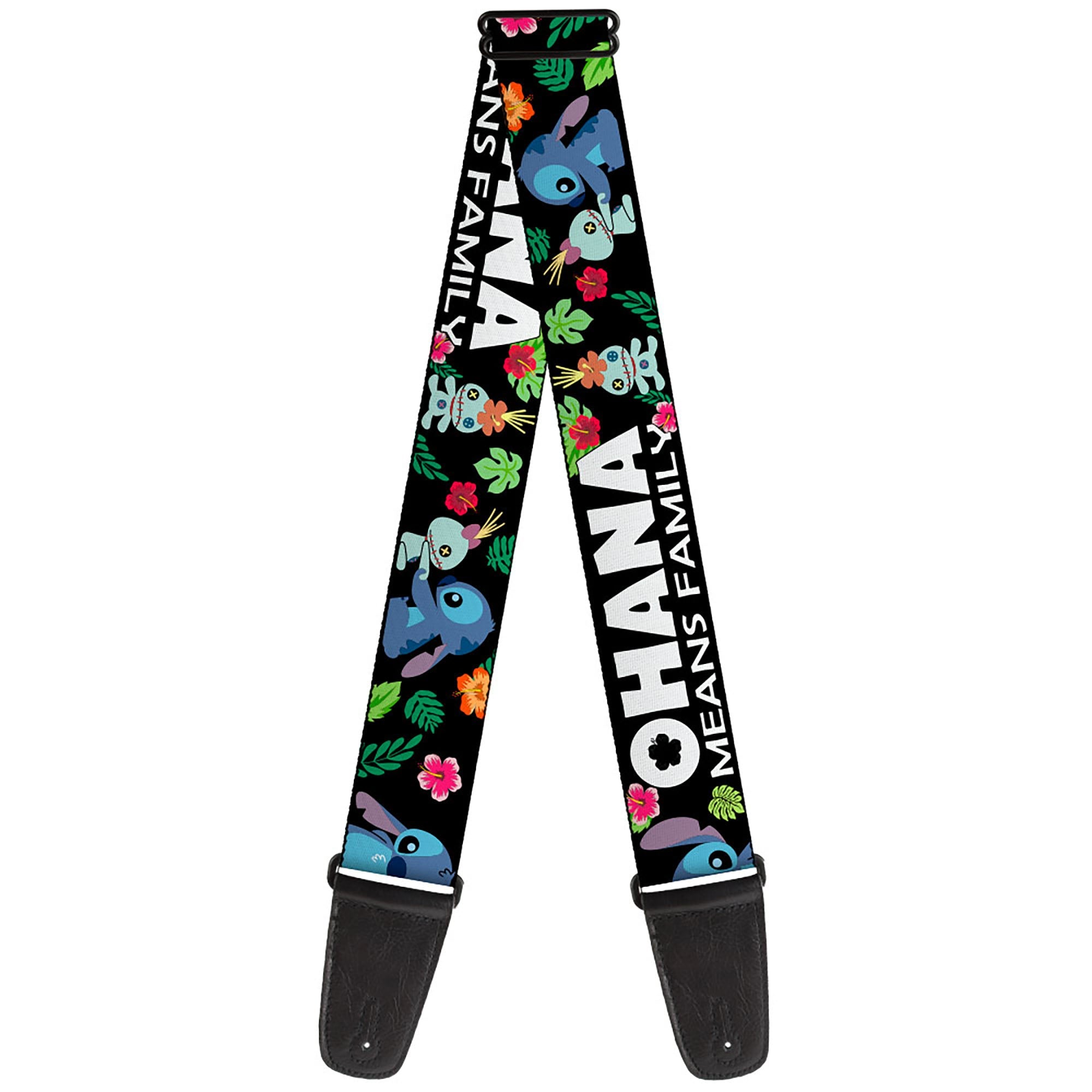 Guitar Strap - Lilo & Stitch OHANA MEANS FAMILY/Stitch & Scrump Poses/Tropical Flora Black/White/Multi Color