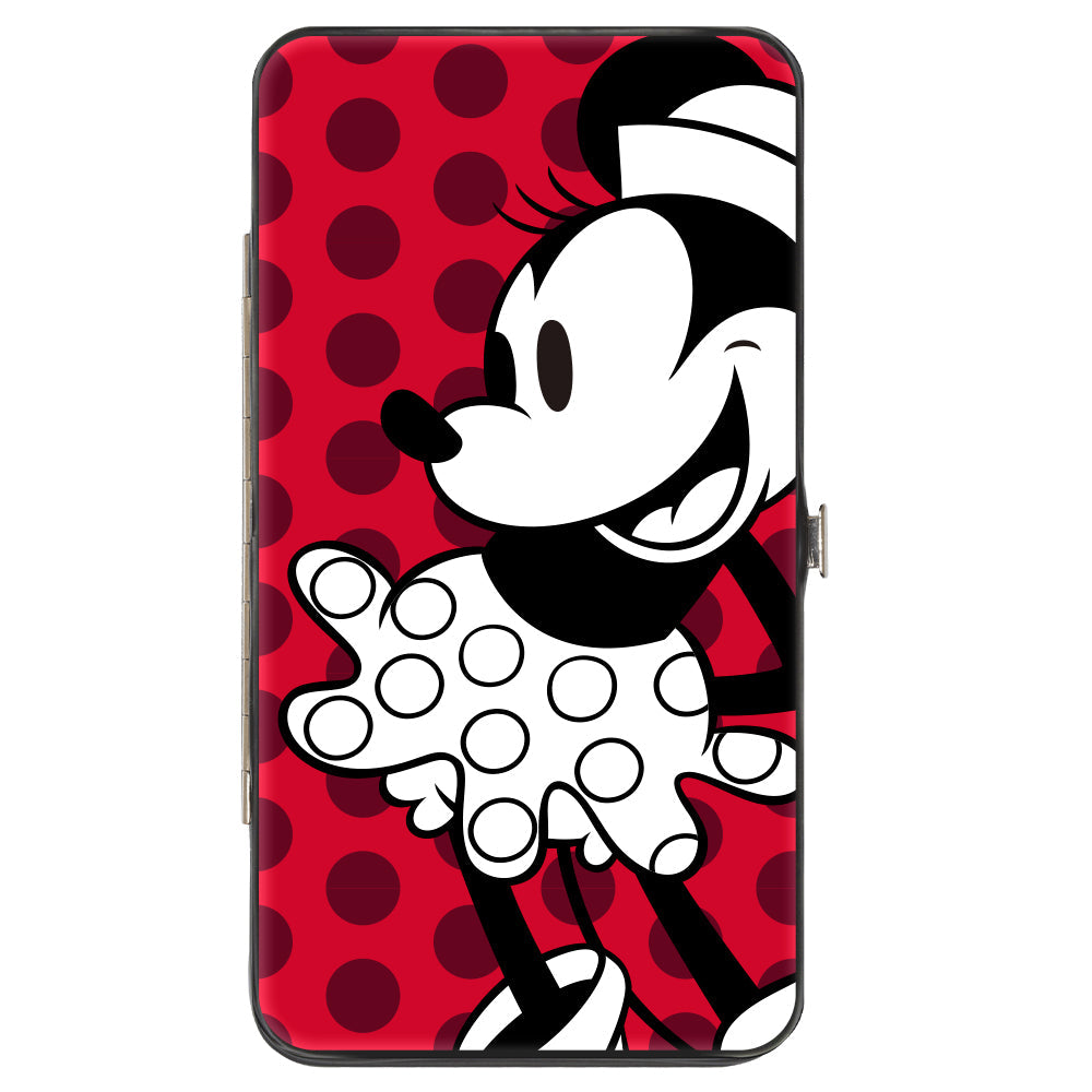 Hinged Wallet - Vintage Minnie Smiling Pose Front + Back Views Dots Reds/Black/White