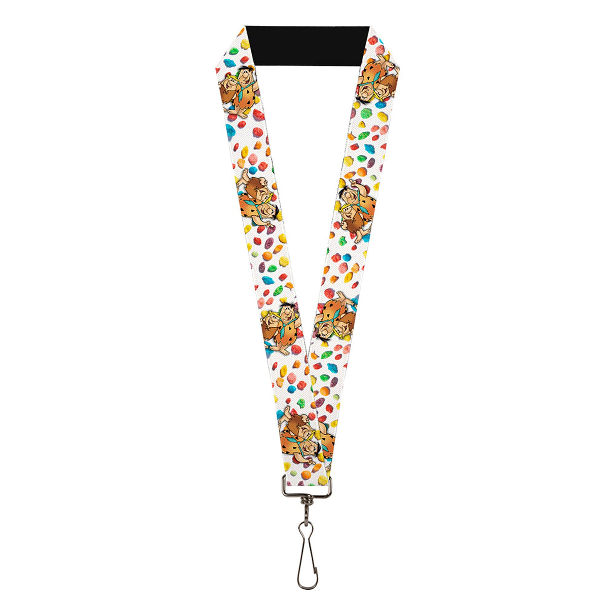 Lanyard - 1.0" - Fruity Pebbles Fred Flintstone and Barney Rubble Hugging Pose and Cereal Pebbles Scattered White/Multi Color