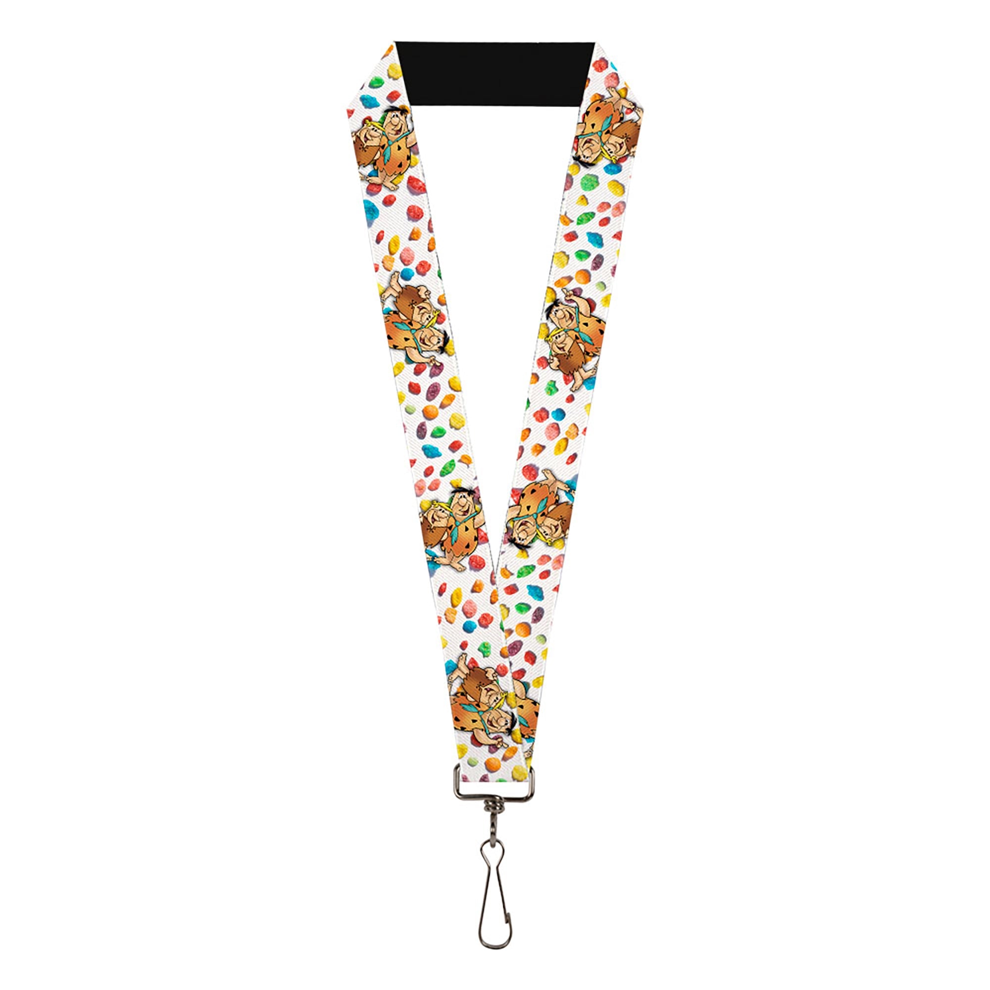 Lanyard - 1.0" - Fruity Pebbles Fred Flintstone and Barney Rubble Hugging Pose and Cereal Pebbles Scattered White/Multi Color