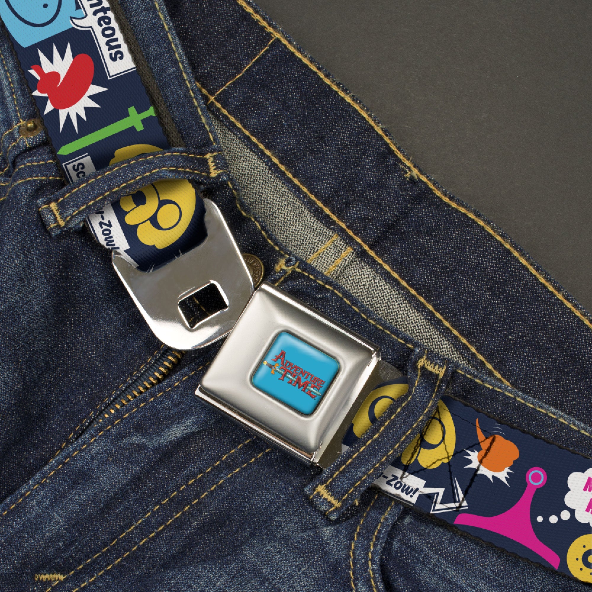 ADVENTURE TIME Title Logo Full Color Blue Seatbelt Belt - Adventure Time Finn and Jake Icons and Quotes Navy/Multi Color Webbing