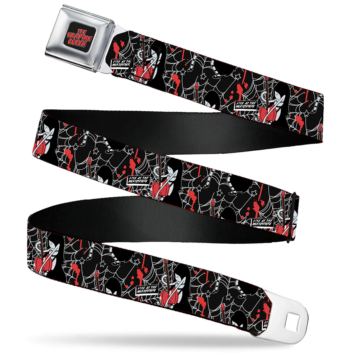 Adventure Time Marceline THE VAMPIRE QUEEN Title Logo Full Color Black/White/Red Seatbelt Belt - Adventure Time Marceline LIVE AT THE NIGHTOSPHERE Pose Black/White/Red Webbing