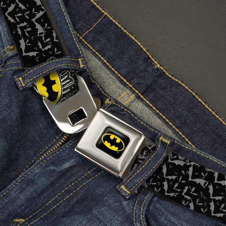 Batman Full Color Black Yellow Seatbelt Belt - BATMAN w/Bat Shield & Flying Bats Black/Gray Webbing