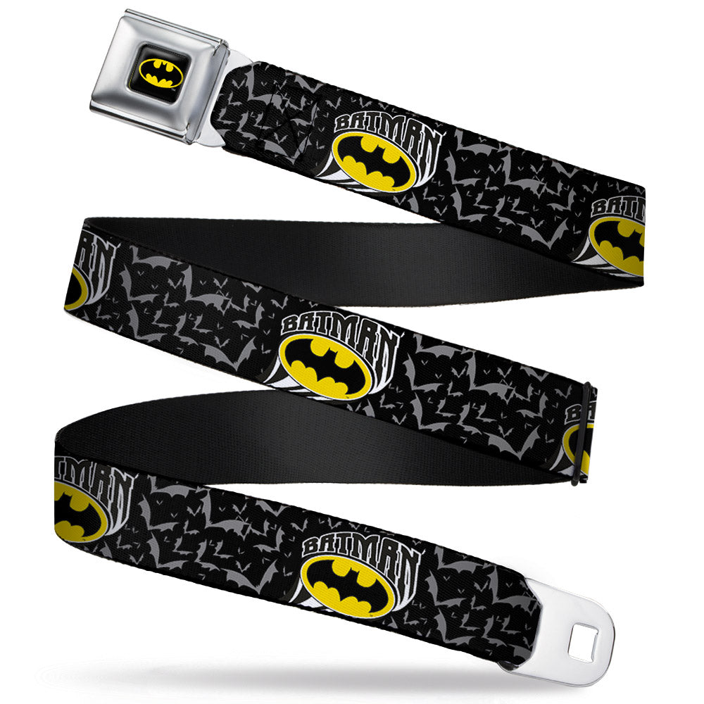 Batman Full Color Black Yellow Seatbelt Belt - BATMAN w/Bat Shield & Flying Bats Black/Gray Webbing