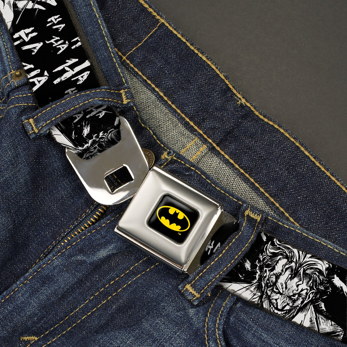 Batman Full Color Black/Yellow Seatbelt Belt - Batman THE DARK KNIGHT and Joker Smiling Sketch Close-Ups Black/White Webbing