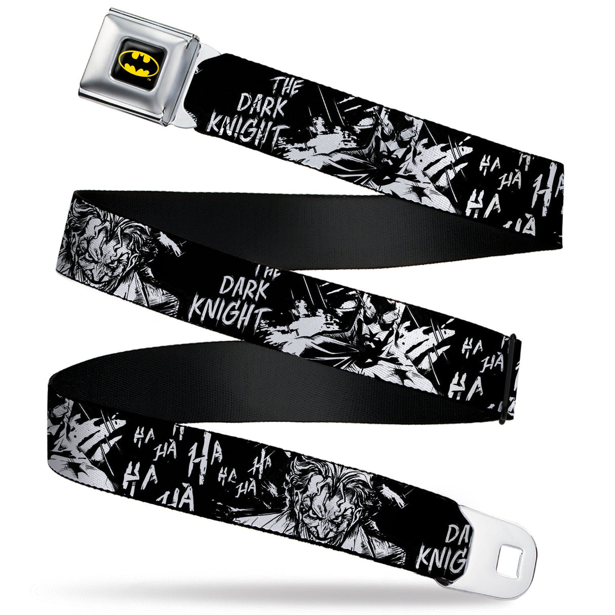 Batman Full Color Black/Yellow Seatbelt Belt - Batman THE DARK KNIGHT and Joker Smiling Sketch Close-Ups Black/White Webbing