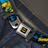 Batman Full Color Black/Yellow Seatbelt Belt - BATMAN Poses and Logo Collage Black/Blue/Yellow Webbing