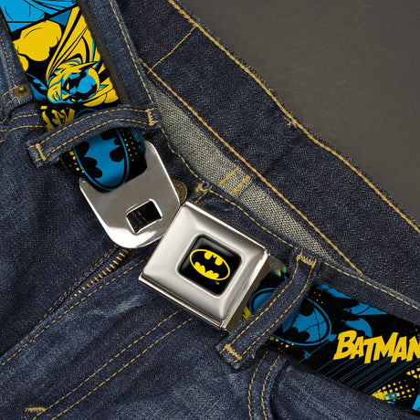 Batman Full Color Black/Yellow Seatbelt Belt - BATMAN Poses and Logo Collage Black/Blue/Yellow Webbing