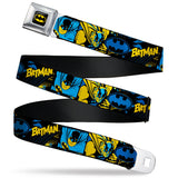 Batman Full Color Black/Yellow Seatbelt Belt - BATMAN Poses and Logo Collage Black/Blue/Yellow Webbing