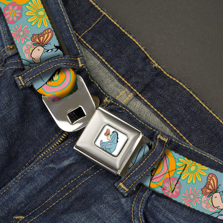 Winnie the Pooh Eeyore Butterfly Pose Full Color White Seatbelt Belt - Winnie the Pooh Eeyore Butterfly Pose Floral Collage Blue/Pinks/Yellows Webbing