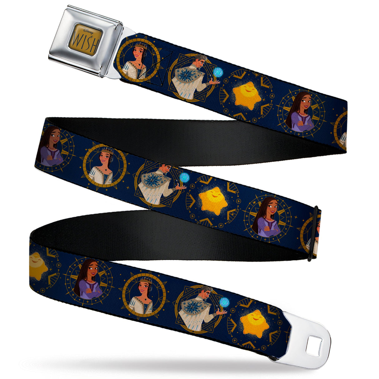 WISH Title Logo Full Color Gold/Navy Seatbelt Belt - Wish Character Poses Navy/Golds Webbing