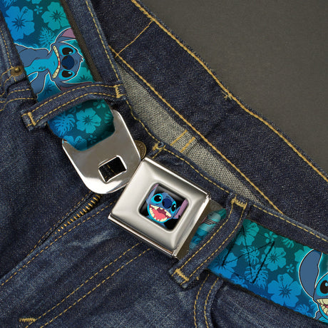 Stitch Smiling CLOSE-UP Full Color Black Seatbelt Belt - Stitch Expressions/Hibiscus Collage Green-Blue Fade Webbing