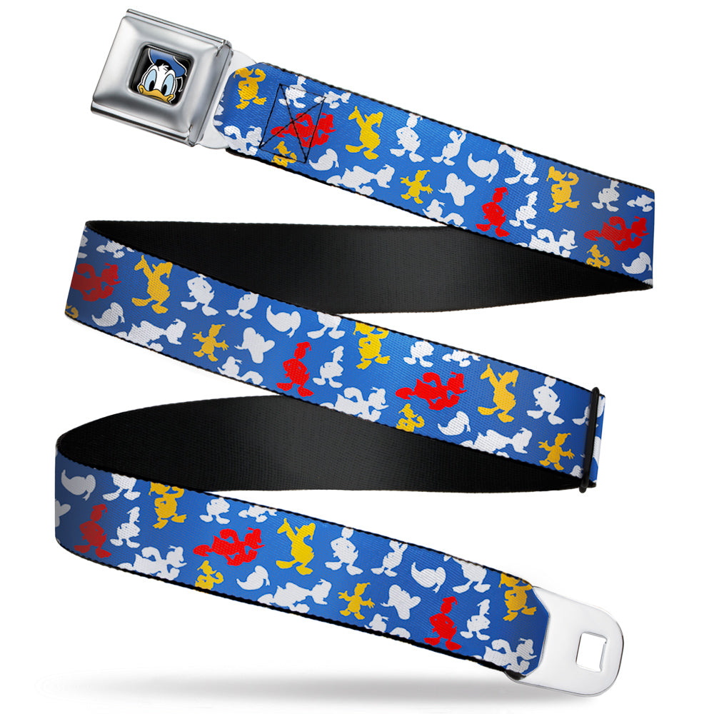 Donald Duck Face CLOSE-UP Full Color Seatbelt Belt - Donald Duck Face/Poses Scattered Blue/White/Red/Yellow Webbing