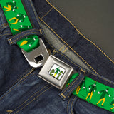 ELF Buddy the Elf Logo Full Color White/Greens/Yellow Seatbelt Belt - Elf Buddy the Elf Silhouette Poses Greens/White/Yellow Webbing